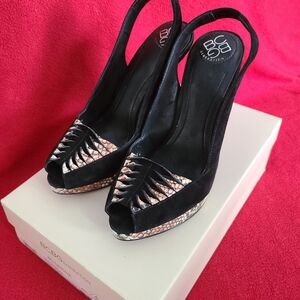 BCBG Black and Gold Women's Peep-Toe Heels